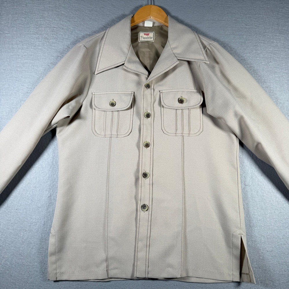 Levis Panatela Vintage 70s Safari Shirt Jacket Tan Beige Disco Collar Mens Large - Picture 3 of 12